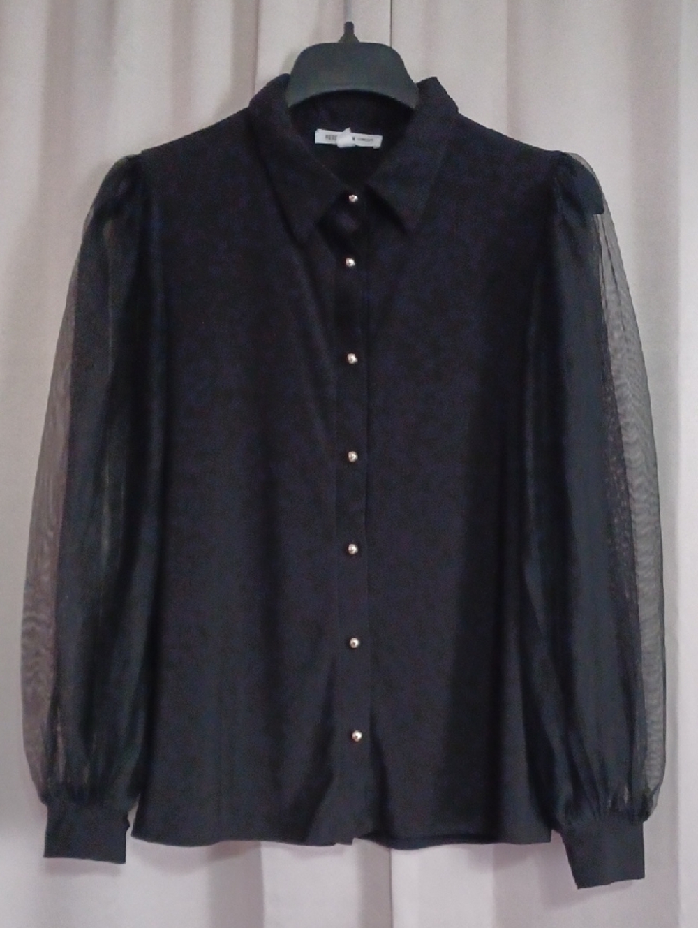 PerSeption Concept Black Button Front Blouse Sheer Long Puff Sleeves Whimsigoth